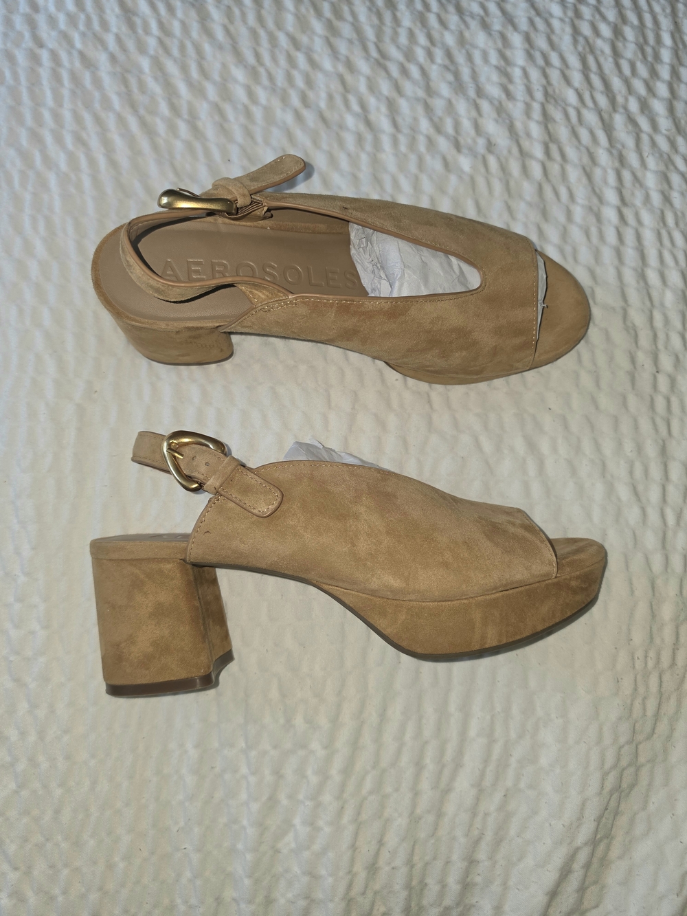AEROSOLES Tan Suede Peep-Toe Platform Slingback Sandals